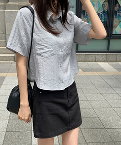 ブラウス シースルーポケット半袖ブラウス GRAYISH