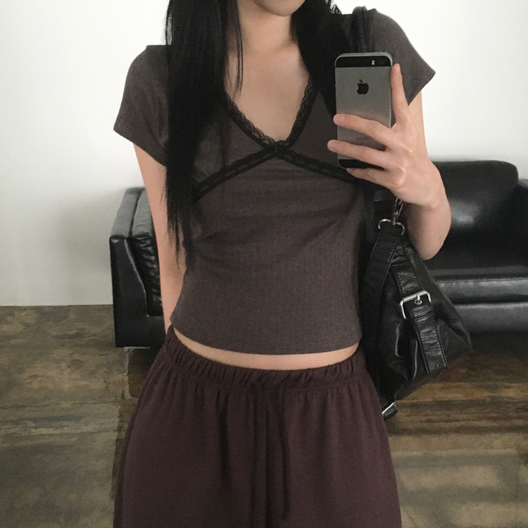 パンチングレース半袖Tシャツ BROWN