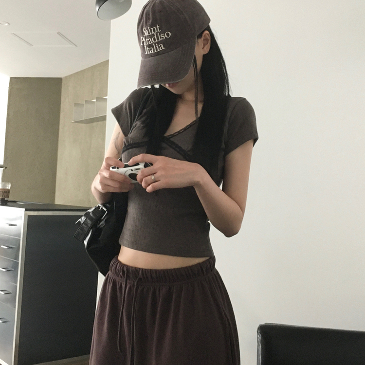 パンチングレース半袖Tシャツ BROWN