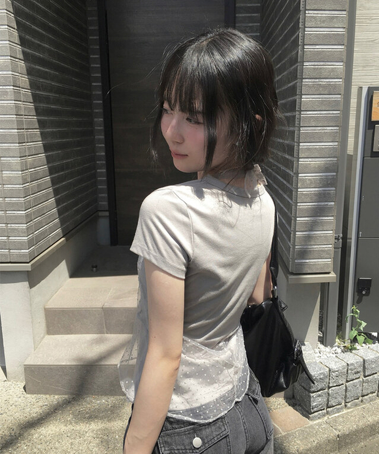 ドットシースルーレイヤード半袖Tシャツ GREY