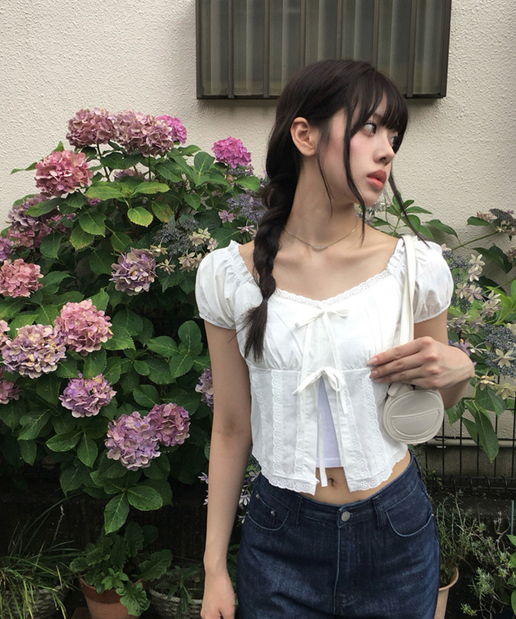 リボンオープンクロップブラウス IVORY