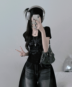 半袖Tシャツ レタリングシースルースリム半袖Tシャツ BLACK