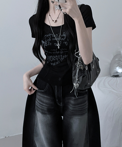 半袖Tシャツ レタリングシースルースリム半袖Tシャツ BLACK