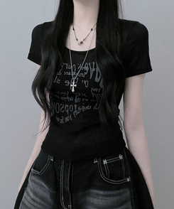 半袖Tシャツ レタリングシースルースリム半袖Tシャツ BLACK