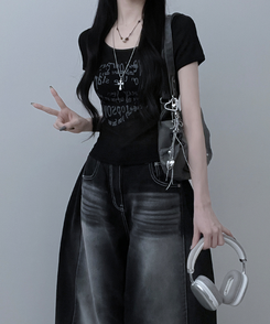 半袖Tシャツ レタリングシースルースリム半袖Tシャツ BLACK