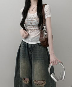 半袖Tシャツ レタリングシースルースリム半袖Tシャツ CREAM