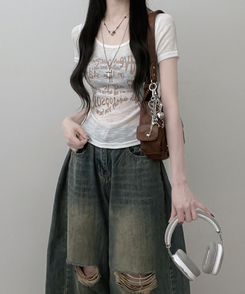 半袖Tシャツ レタリングシースルースリム半袖Tシャツ CREAM