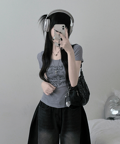 半袖Tシャツ レタリングシースルースリム半袖Tシャツ MELANGE