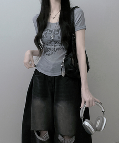 半袖Tシャツ レタリングシースルースリム半袖Tシャツ MELANGE