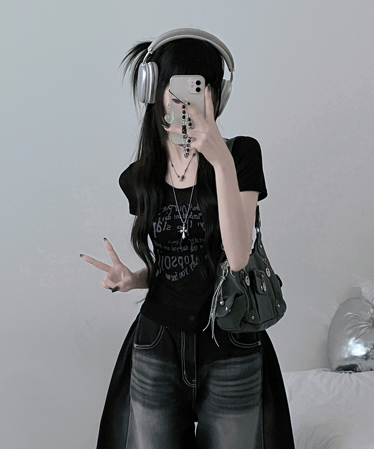 レタリングシースルースリム半袖Tシャツ BLACK