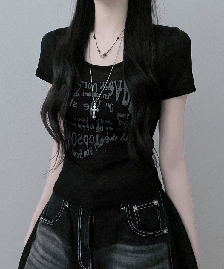 レタリングシースルースリム半袖Tシャツ BLACK