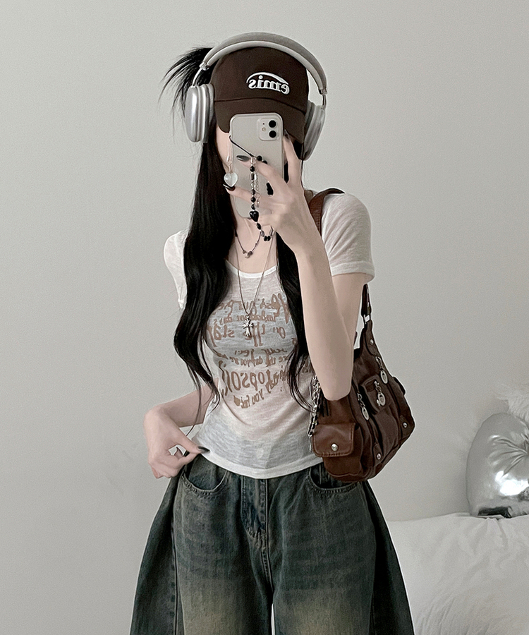 レタリングシースルースリム半袖Tシャツ CREAM