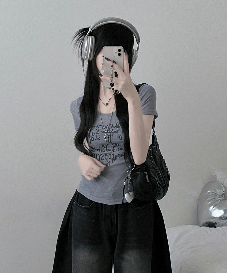 レタリングシースルースリム半袖Tシャツ MELANGE