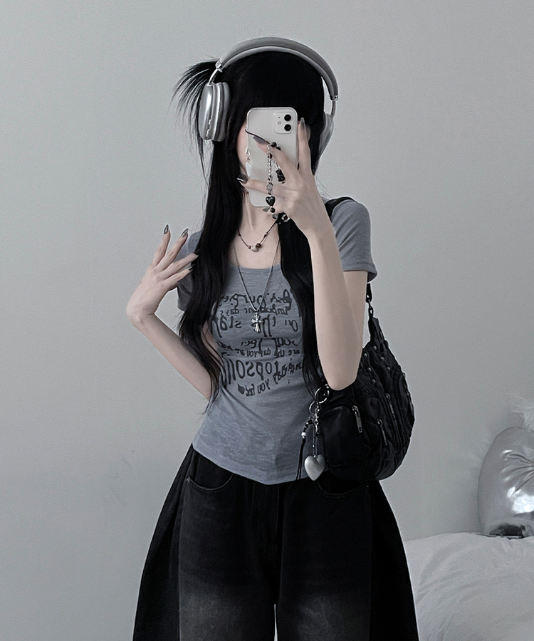 レタリングシースルースリム半袖Tシャツ MELANGE