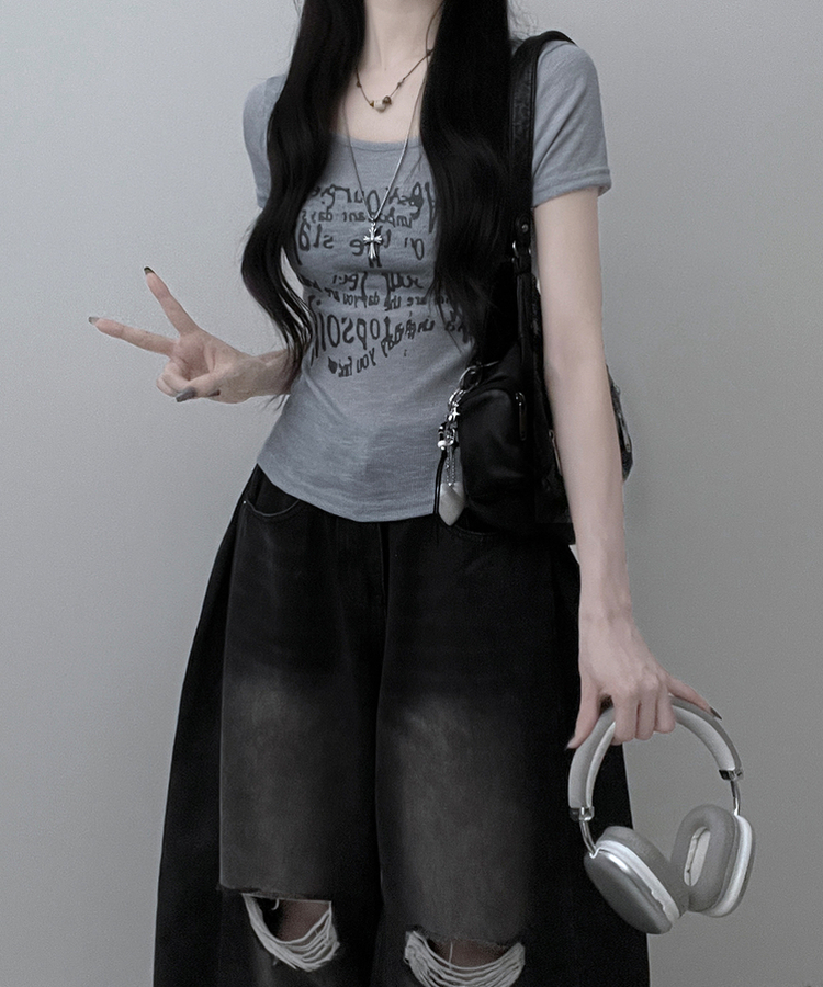レタリングシースルースリム半袖Tシャツ MELANGE