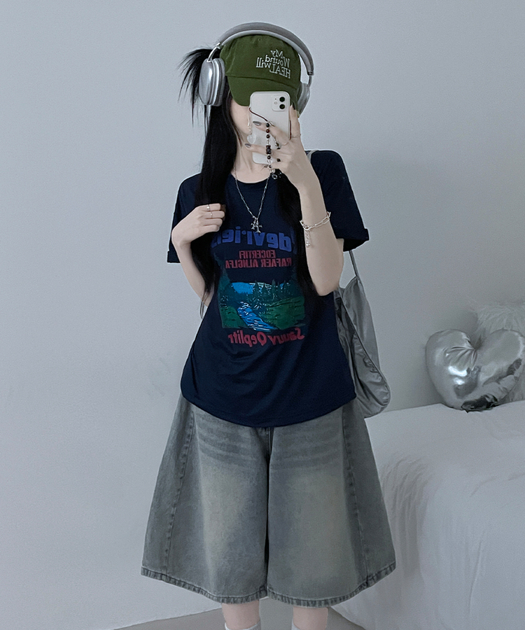 フォレストプリンティング半袖Tシャツ NAVY