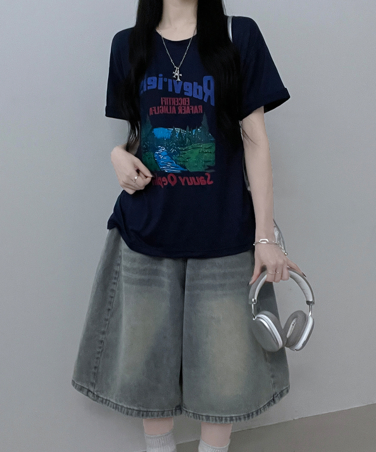 フォレストプリンティング半袖Tシャツ NAVY