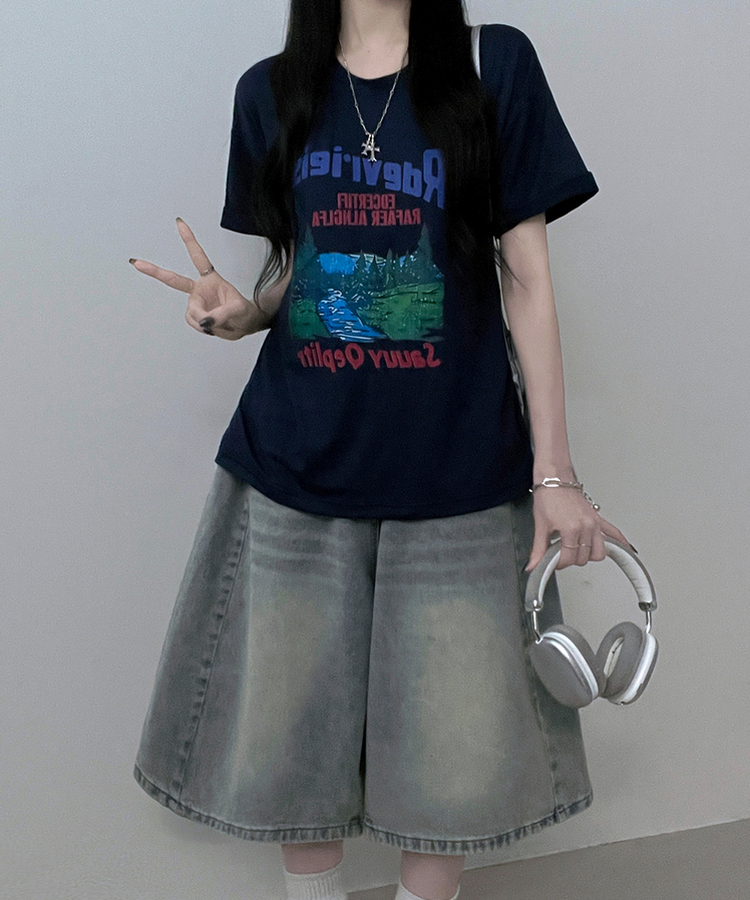 フォレストプリンティング半袖Tシャツ NAVY