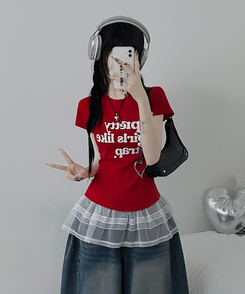 半袖Tシャツ レタリングセミクロップ半袖Tシャツ RED
