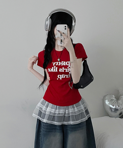 半袖Tシャツ レタリングセミクロップ半袖Tシャツ RED