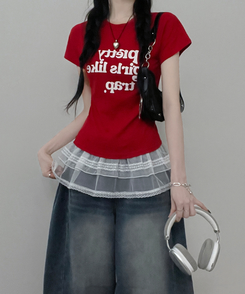 半袖Tシャツ レタリングセミクロップ半袖Tシャツ RED