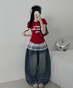 半袖Tシャツ レタリングセミクロップ半袖Tシャツ RED