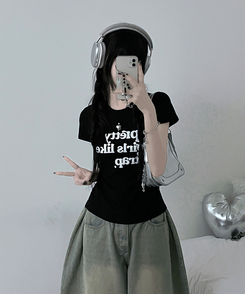 半袖Tシャツ レタリングセミクロップ半袖Tシャツ BLACK