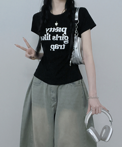 半袖Tシャツ レタリングセミクロップ半袖Tシャツ BLACK