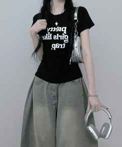 半袖Tシャツ レタリングセミクロップ半袖Tシャツ BLACK