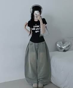 半袖Tシャツ レタリングセミクロップ半袖Tシャツ BLACK