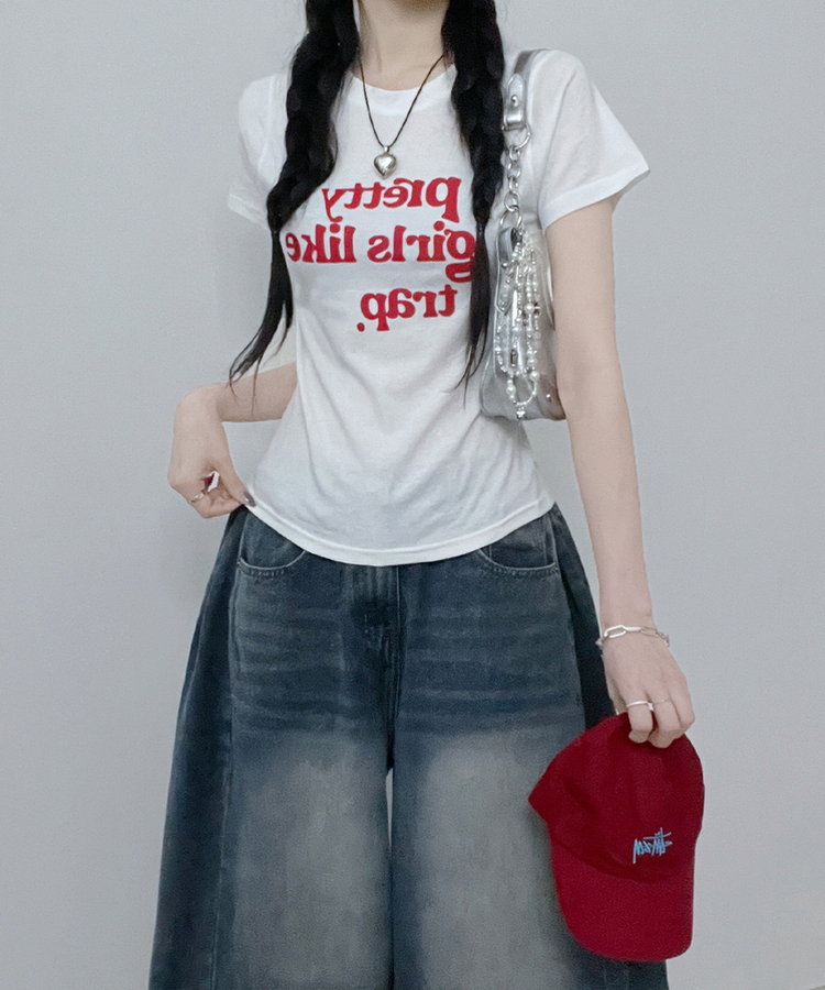 半袖Tシャツ レタリングセミクロップ半袖Tシャツ IVORY