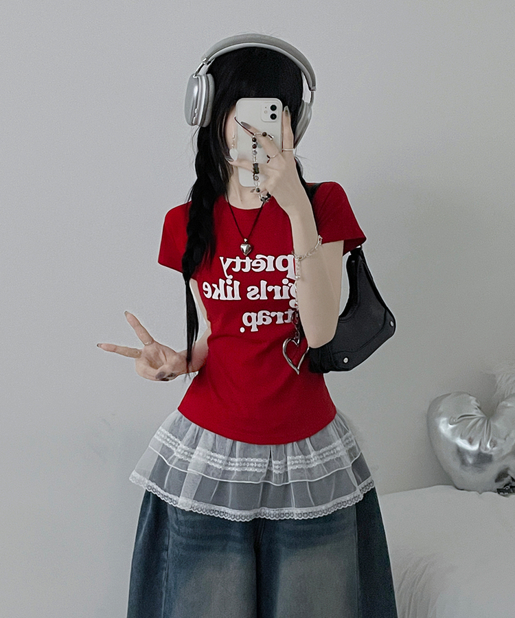 レタリングセミクロップ半袖Tシャツ RED