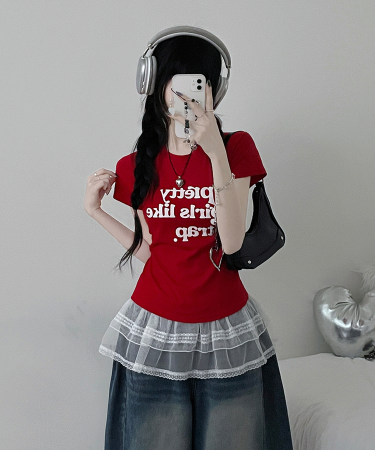 レタリングセミクロップ半袖Tシャツ RED