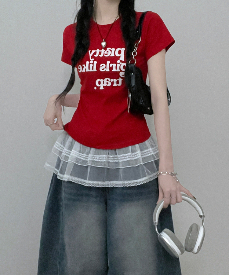 半袖Tシャツ レタリングセミクロップ半袖Tシャツ RED