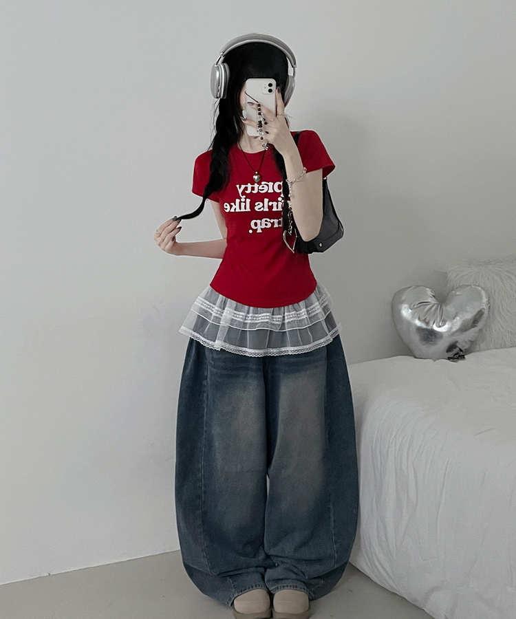 レタリングセミクロップ半袖Tシャツ RED