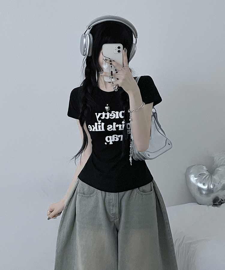 レタリングセミクロップ半袖Tシャツ BLACK