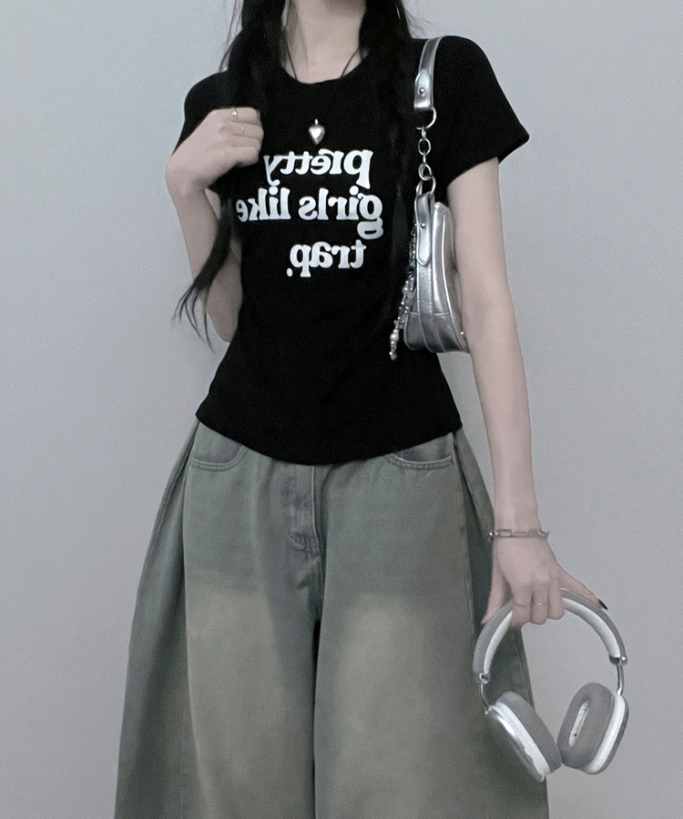 レタリングセミクロップ半袖Tシャツ BLACK
