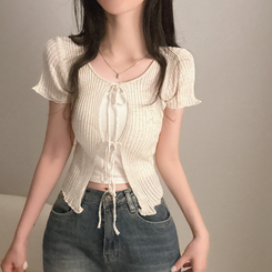 カーディガン リボンリネン半袖ニットカーディガン BEIGE