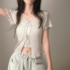 カーディガン リボンリネン半袖ニットカーディガン GREY