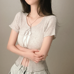 カーディガン リボンリネン半袖ニットカーディガン GREY