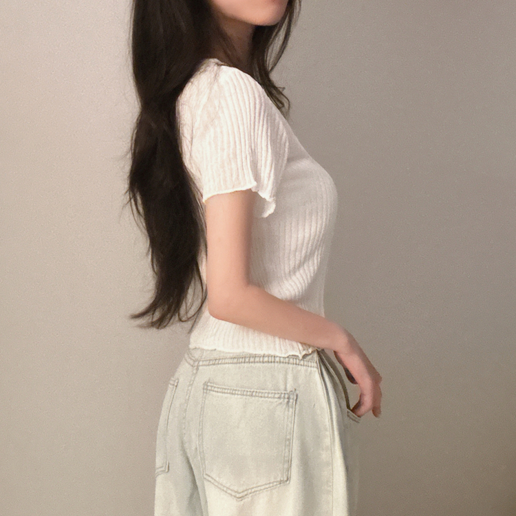 リボンリネン半袖ニットカーディガン WHITE