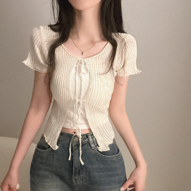 リボンリネン半袖ニットカーディガン BEIGE