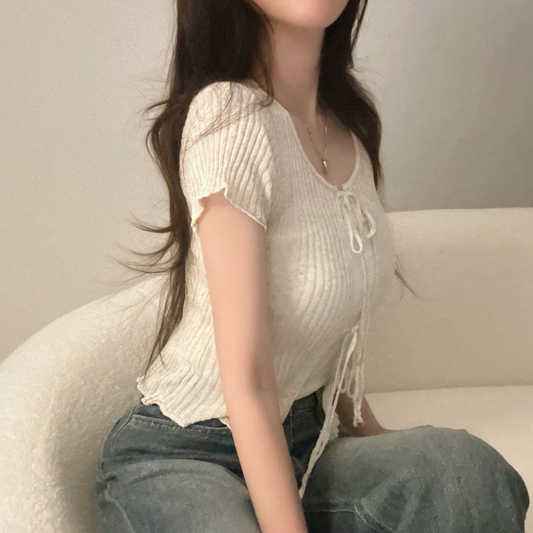 リボンリネン半袖ニットカーディガン BEIGE