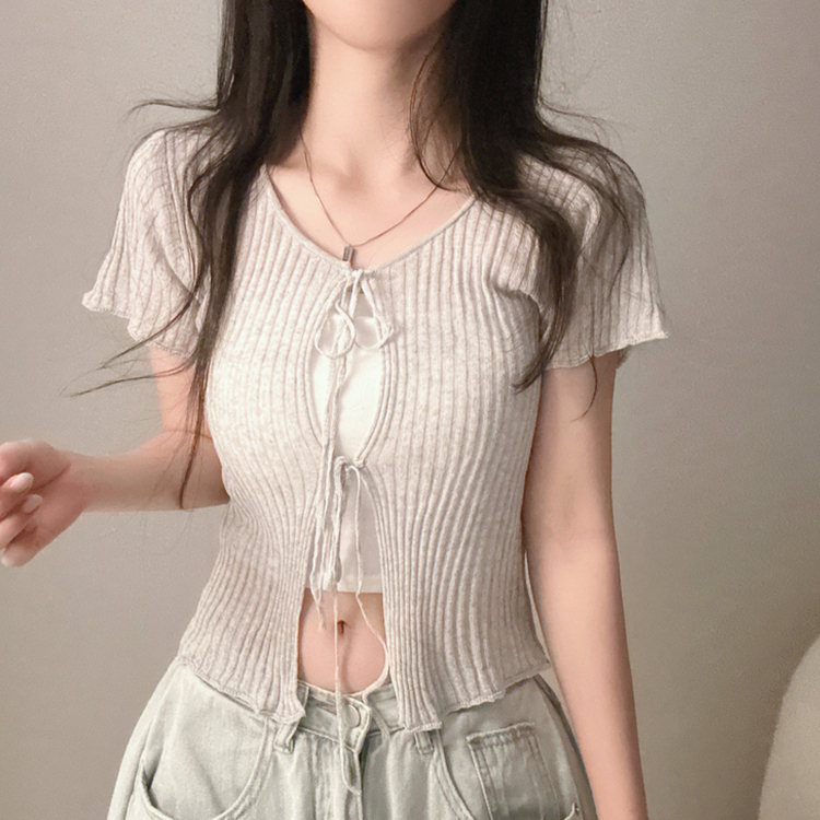 リボンリネン半袖ニットカーディガン GREY