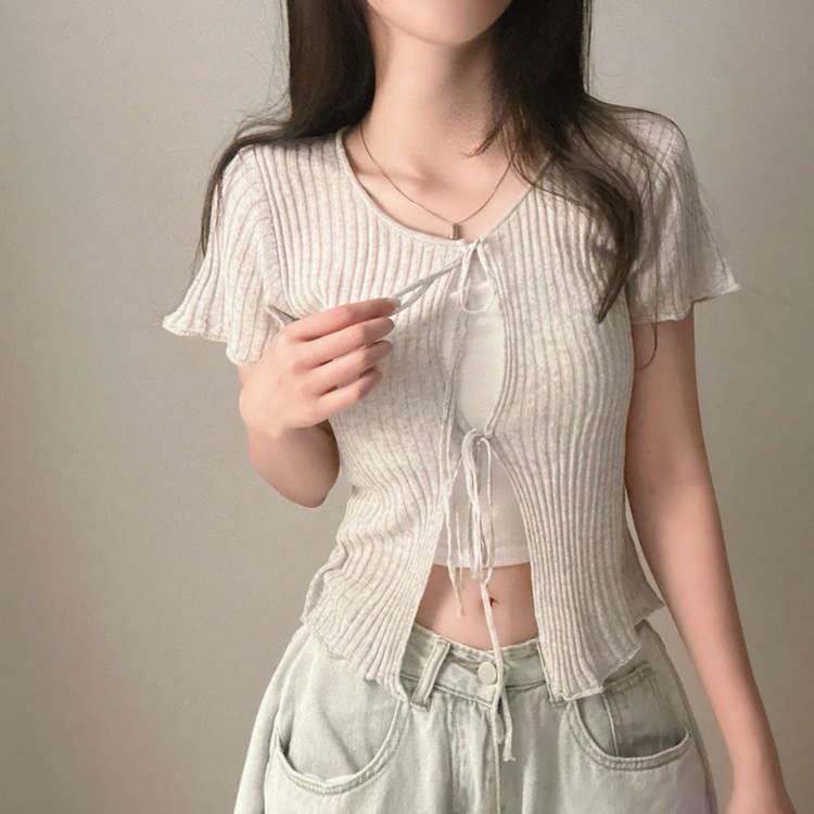 カーディガン リボンリネン半袖ニットカーディガン GREY