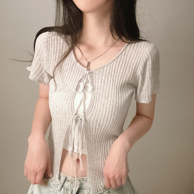リボンリネン半袖ニットカーディガン GREY