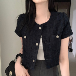 ジャケット ツイードクロップ半袖ジャケット NAVY