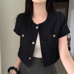ジャケット ツイードクロップ半袖ジャケット NAVY
