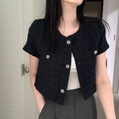 ジャケット ツイードクロップ半袖ジャケット NAVY