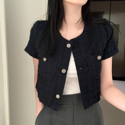 ジャケット ツイードクロップ半袖ジャケット NAVY